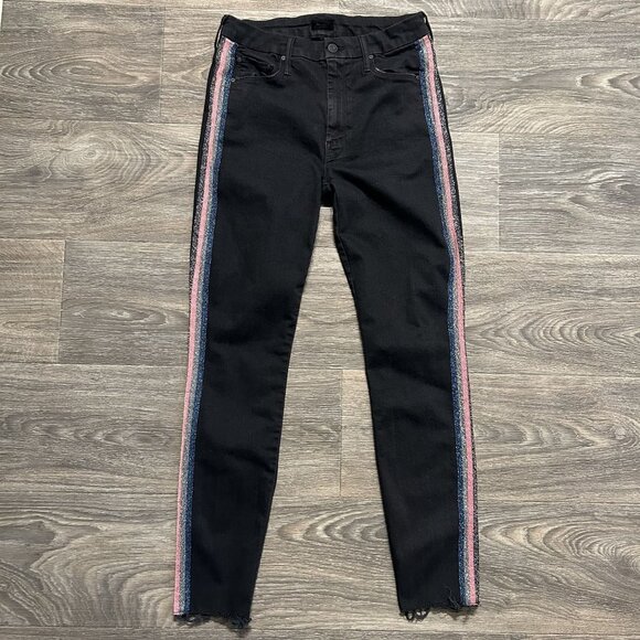 MOTHER Size 28 High Waisted Looker Ankle Fray Quilty Glitter Racer Jeans Black - Picture 1 of 13